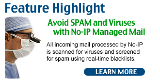 Avoid SPAM and Viruses with No-IP Managed Mail.  All incomming mail processed by No-IP is scanned for viruses and screend for span using real-time blacklists.